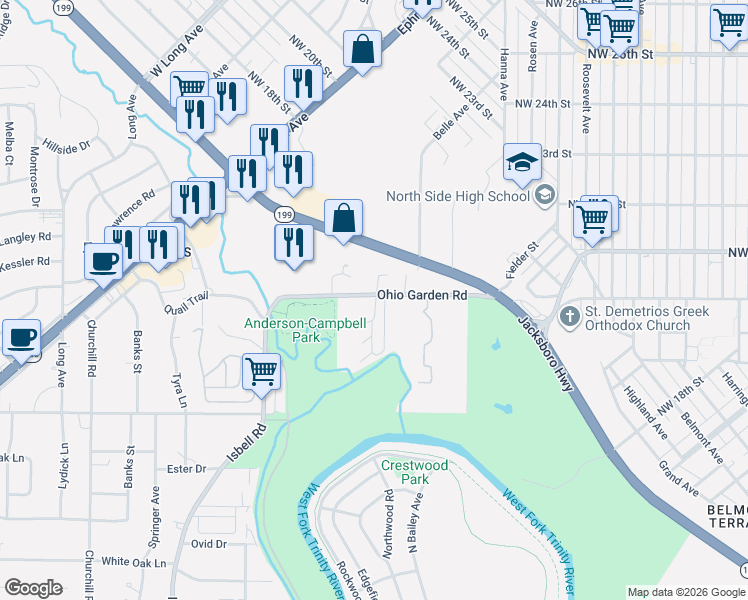 map of restaurants, bars, coffee shops, grocery stores, and more near 32 Garden Circle West in Fort Worth