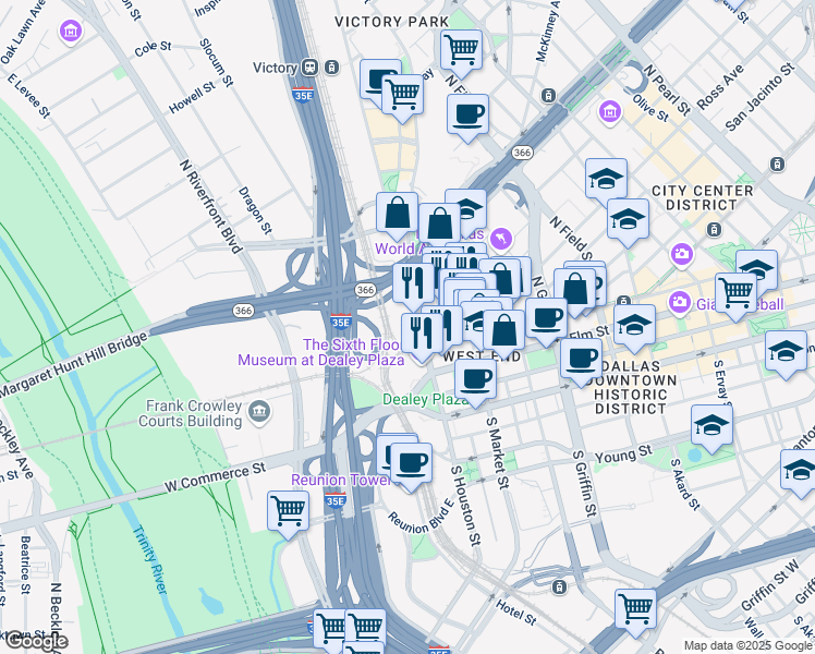 map of restaurants, bars, coffee shops, grocery stores, and more near 401 North Houston Street in Dallas