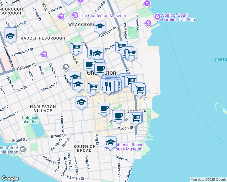 map of restaurants, bars, coffee shops, grocery stores, and more near 188 Meeting Street in Charleston