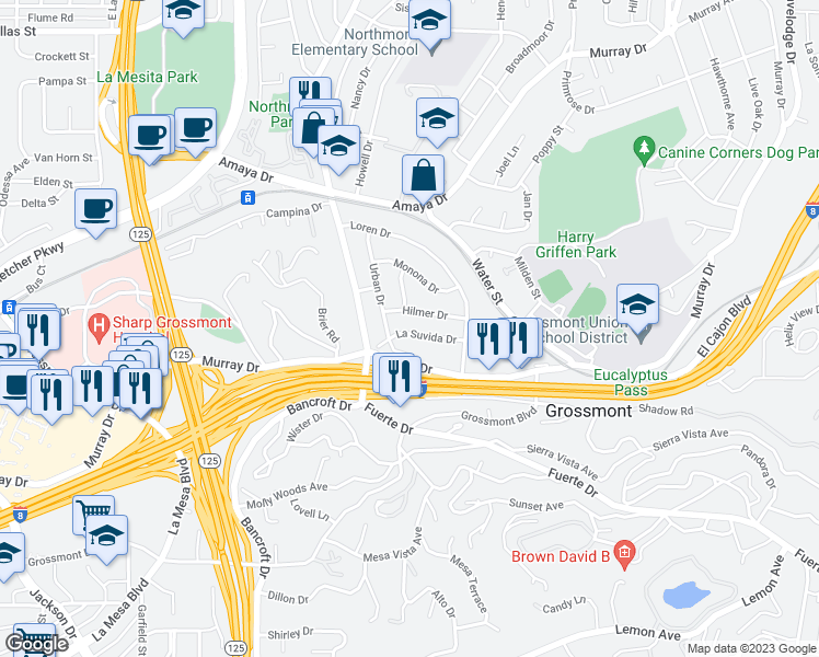 map of restaurants, bars, coffee shops, grocery stores, and more near 9400 La Suvida Drive in La Mesa