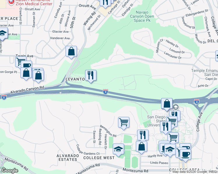 map of restaurants, bars, coffee shops, grocery stores, and more near 5483 Adobe Falls Road in San Diego