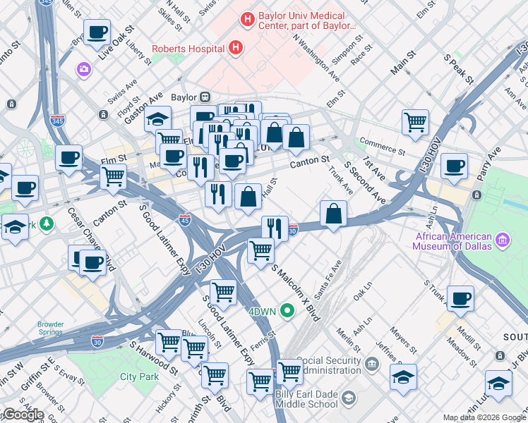 map of restaurants, bars, coffee shops, grocery stores, and more near 400 South Hall Street in Dallas