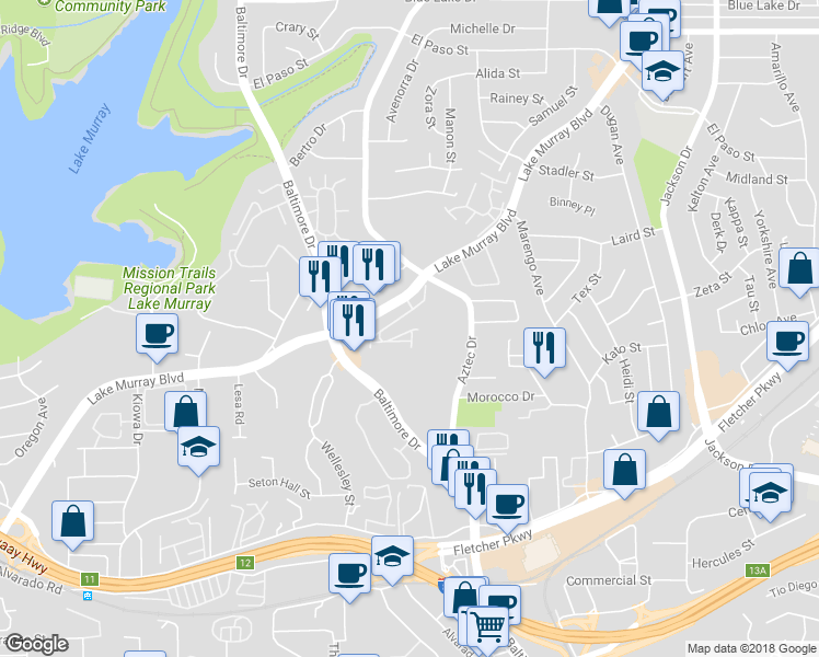 map of restaurants, bars, coffee shops, grocery stores, and more near 5677 Lake Murray Boulevard in La Mesa