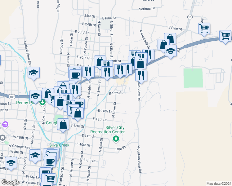 map of restaurants, bars, coffee shops, grocery stores, and more near 900 East 16th Street in Silver City