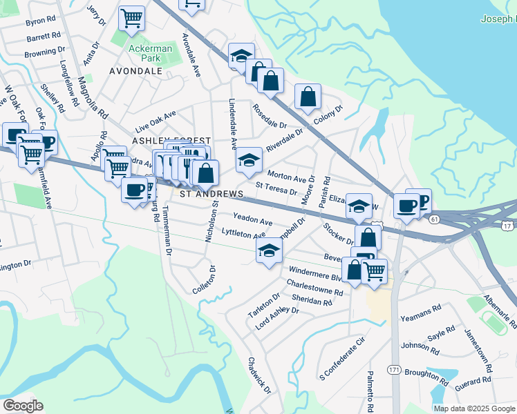 map of restaurants, bars, coffee shops, grocery stores, and more near 659 Savannah Highway in Charleston