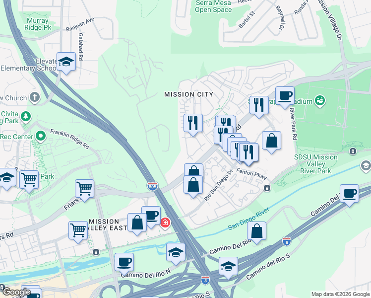 map of restaurants, bars, coffee shops, grocery stores, and more near 2832 Escala Circle in San Diego