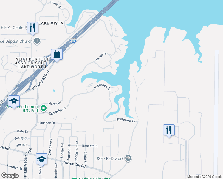 map of restaurants, bars, coffee shops, grocery stores, and more near 8265 Killdeer Circle in Fort Worth