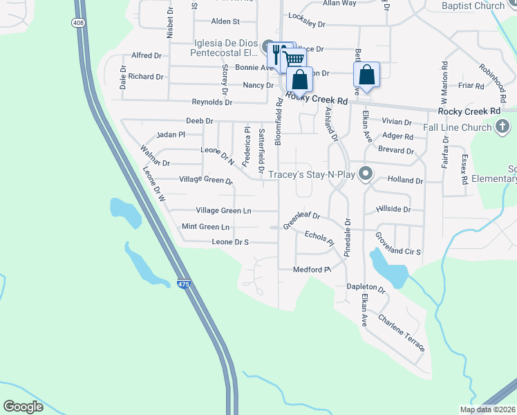 map of restaurants, bars, coffee shops, grocery stores, and more near 2655 Village Green Lane in Macon