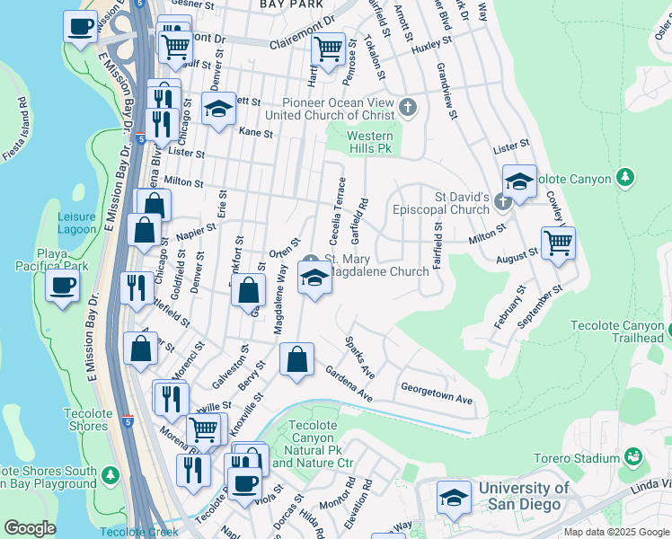 map of restaurants, bars, coffee shops, grocery stores, and more near 2010 Cecelia Terrace in San Diego