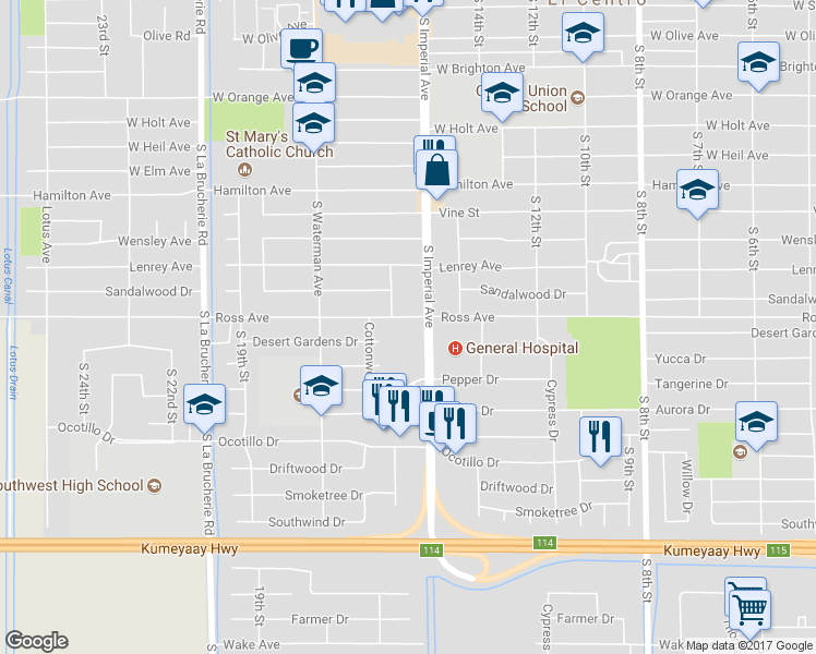 map of restaurants, bars, coffee shops, grocery stores, and more near 1505 Ross Avenue in El Centro