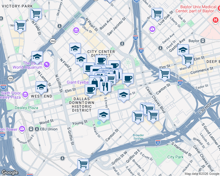 map of restaurants, bars, coffee shops, grocery stores, and more near 1800 Main Street in Dallas