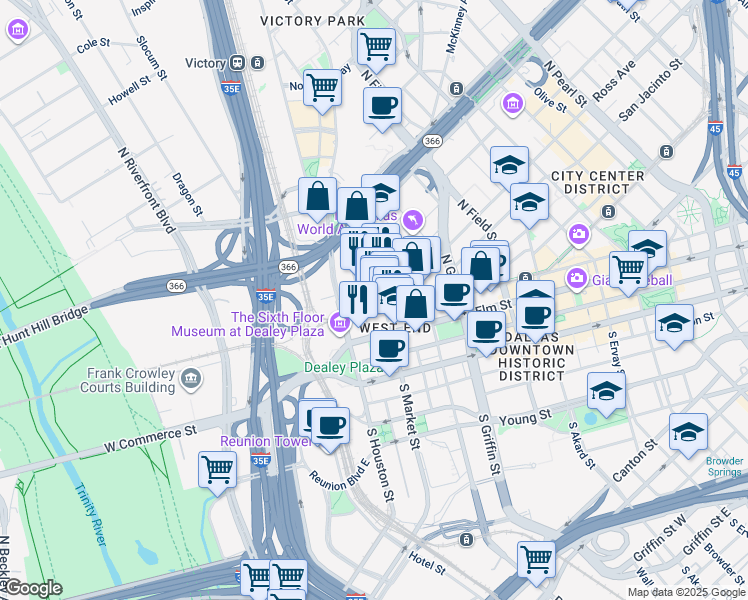 map of restaurants, bars, coffee shops, grocery stores, and more near 311 North Market Street in Dallas