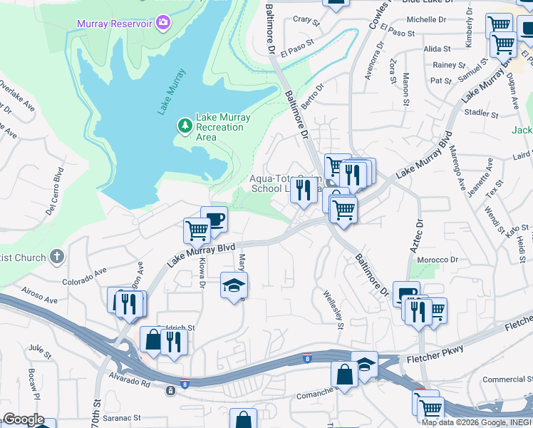 map of restaurants, bars, coffee shops, grocery stores, and more near 5540 Lake Park Way in La Mesa
