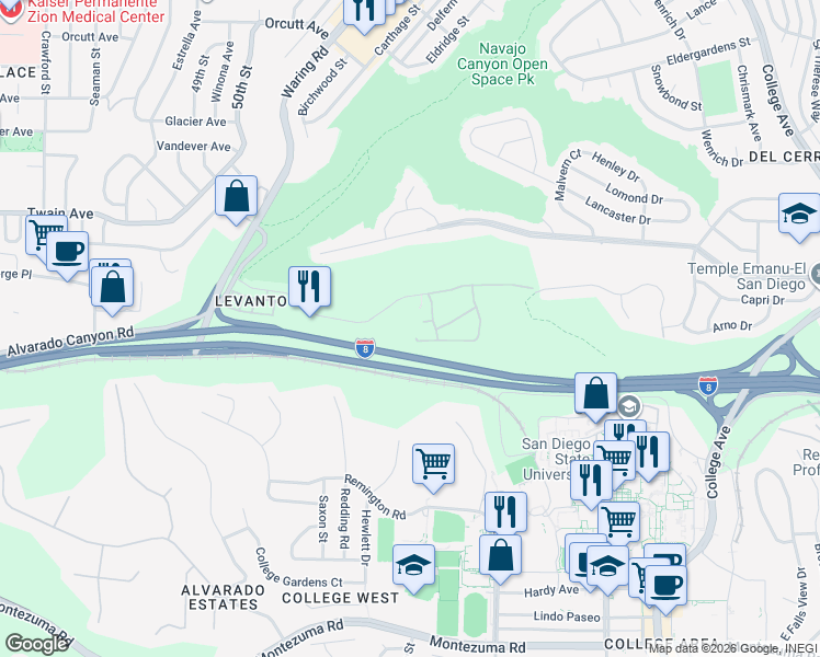 map of restaurants, bars, coffee shops, grocery stores, and more near 5523 Adobe Falls Road in San Diego
