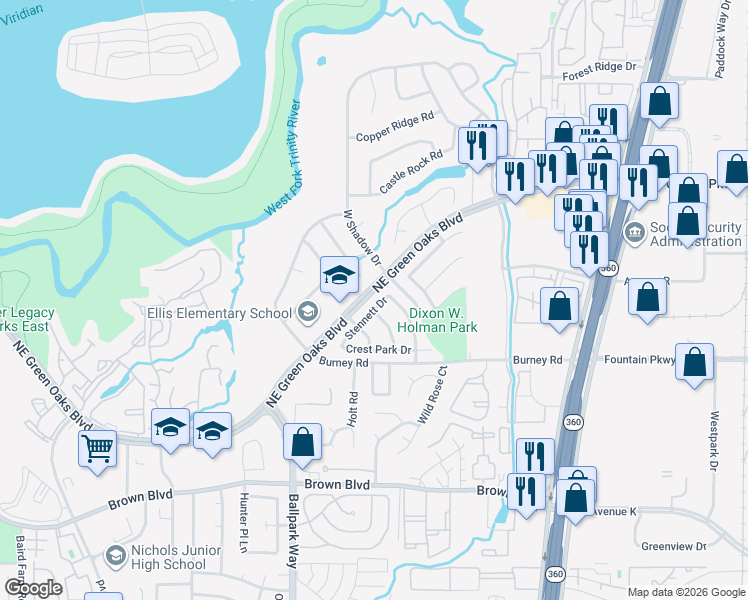 map of restaurants, bars, coffee shops, grocery stores, and more near 2624 Tillman Drive in Arlington