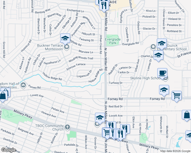 map of restaurants, bars, coffee shops, grocery stores, and more near 5019 Hollow Ridge Rd in Dallas