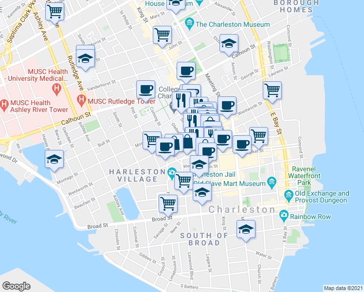 map of restaurants, bars, coffee shops, grocery stores, and more near 107 Wentworth Street in Charleston