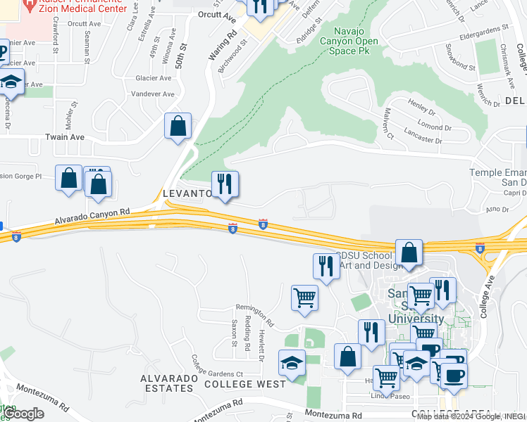 map of restaurants, bars, coffee shops, grocery stores, and more near 5483 Adobe Falls Road in San Diego