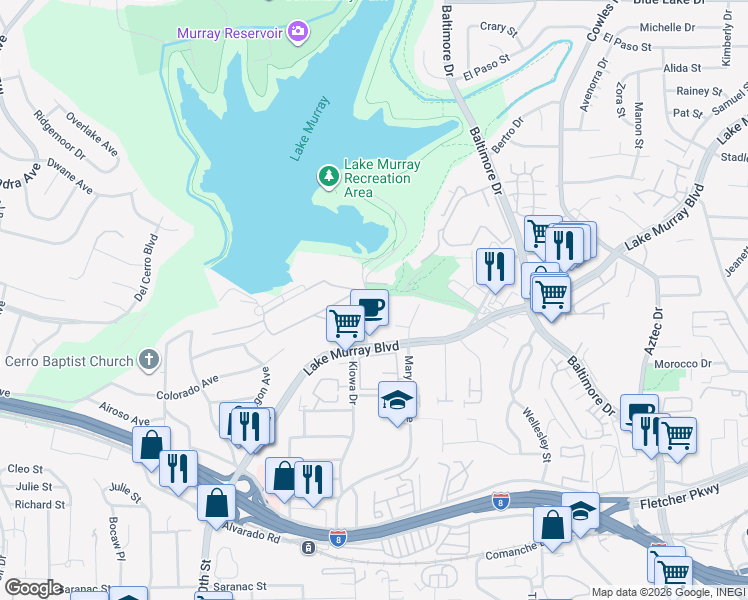 map of restaurants, bars, coffee shops, grocery stores, and more near 5573 Kiowa Drive in La Mesa