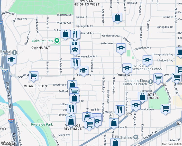 map of restaurants, bars, coffee shops, grocery stores, and more near 2745 Yucca Avenue in Fort Worth
