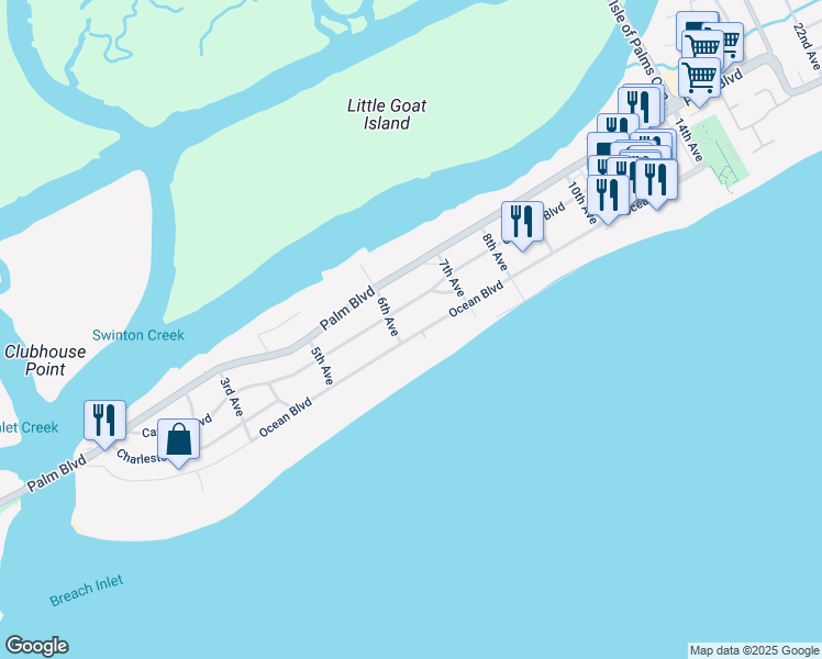 map of restaurants, bars, coffee shops, grocery stores, and more near 605 Ocean Boulevard in Isle of Palms