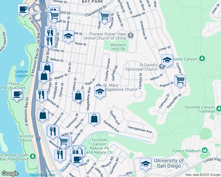 map of restaurants, bars, coffee shops, grocery stores, and more near 2010 Cecelia Terrace in San Diego