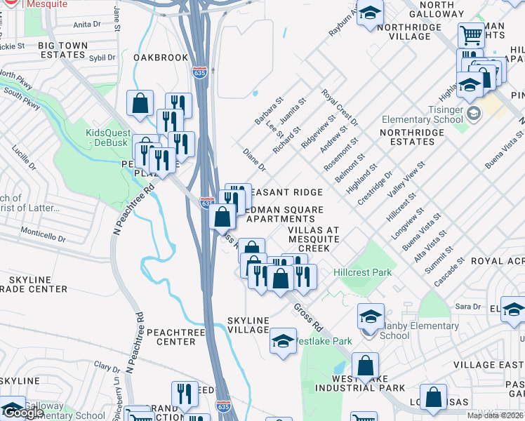map of restaurants, bars, coffee shops, grocery stores, and more near 1101 Redman Court in Mesquite
