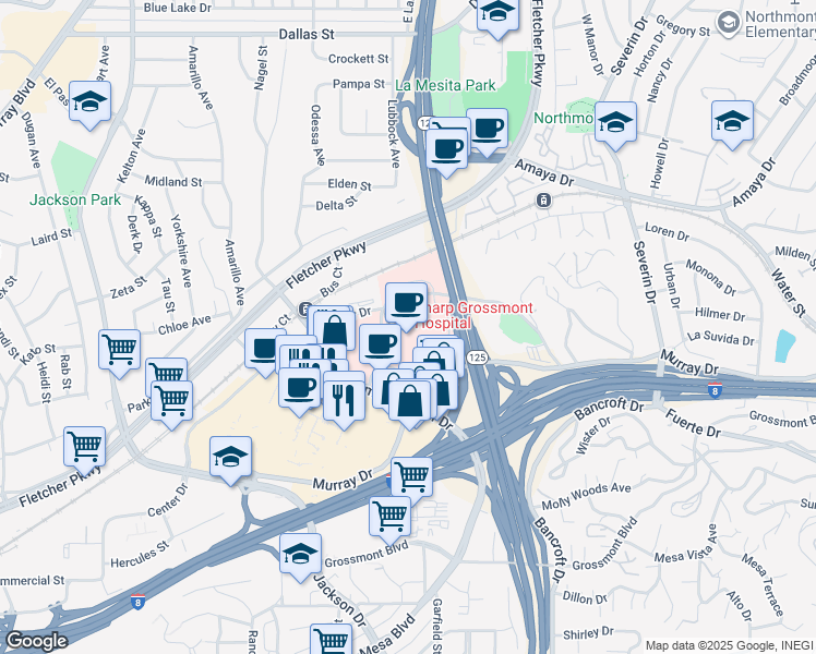 map of restaurants, bars, coffee shops, grocery stores, and more near 5555 Grossmont Center Drive in La Mesa