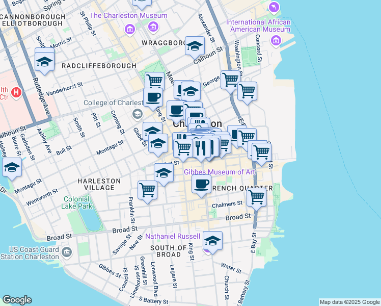 map of restaurants, bars, coffee shops, grocery stores, and more near 205 Meeting Street in Charleston