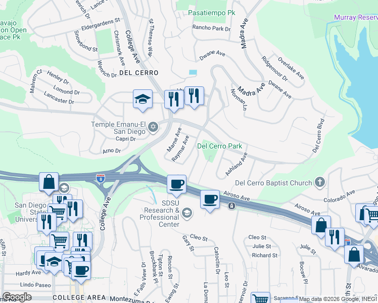 map of restaurants, bars, coffee shops, grocery stores, and more near 5648 Madra Avenue in San Diego