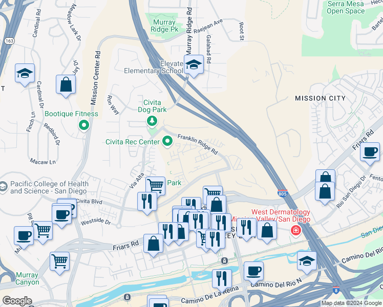 map of restaurants, bars, coffee shops, grocery stores, and more near in San Diego