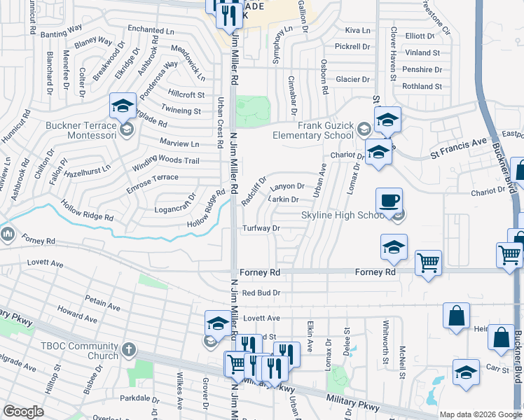 map of restaurants, bars, coffee shops, grocery stores, and more near 7018 Lanyon Drive in Dallas