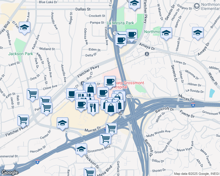 map of restaurants, bars, coffee shops, grocery stores, and more near 5555 Grossmont Center Drive in La Mesa