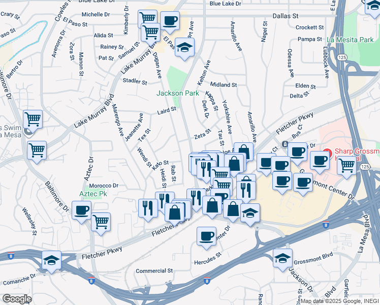 map of restaurants, bars, coffee shops, grocery stores, and more near 5635 Dugan Avenue in La Mesa