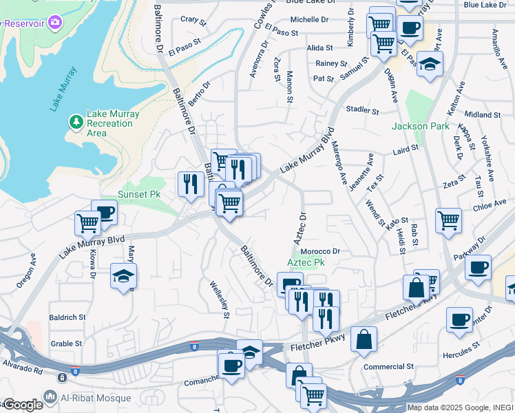 map of restaurants, bars, coffee shops, grocery stores, and more near 5677 Lake Murray Boulevard in La Mesa