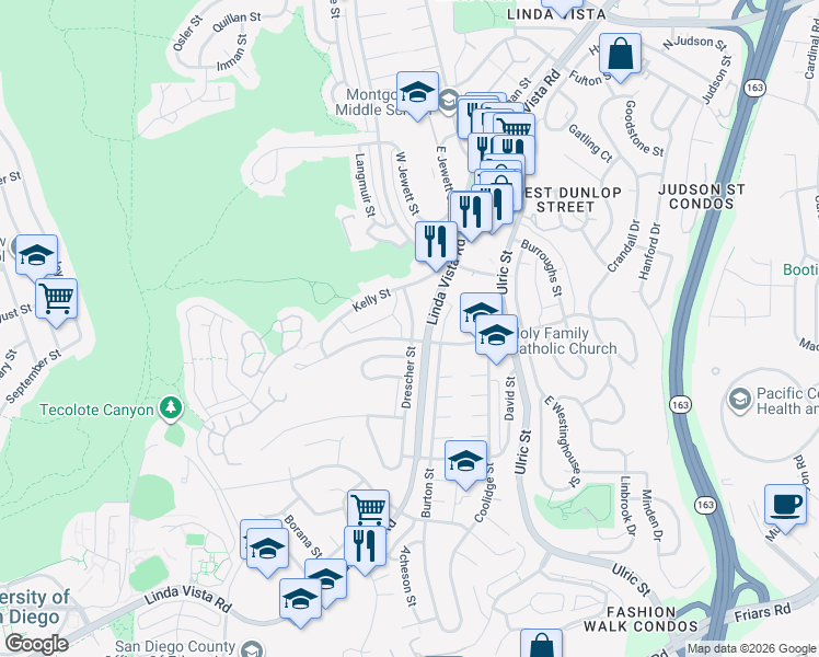map of restaurants, bars, coffee shops, grocery stores, and more near 6734 1/2 Tait Street in San Diego