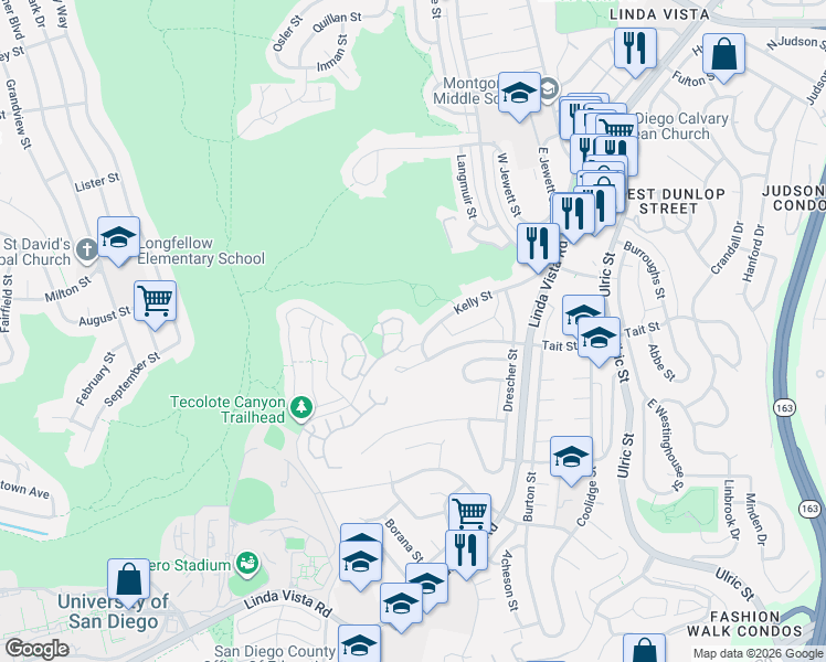 map of restaurants, bars, coffee shops, grocery stores, and more near 6522 Kelly Street in San Diego