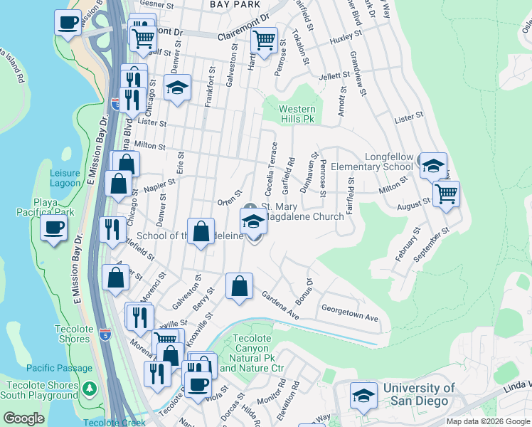 map of restaurants, bars, coffee shops, grocery stores, and more near 2010 Cecelia Terrace in San Diego