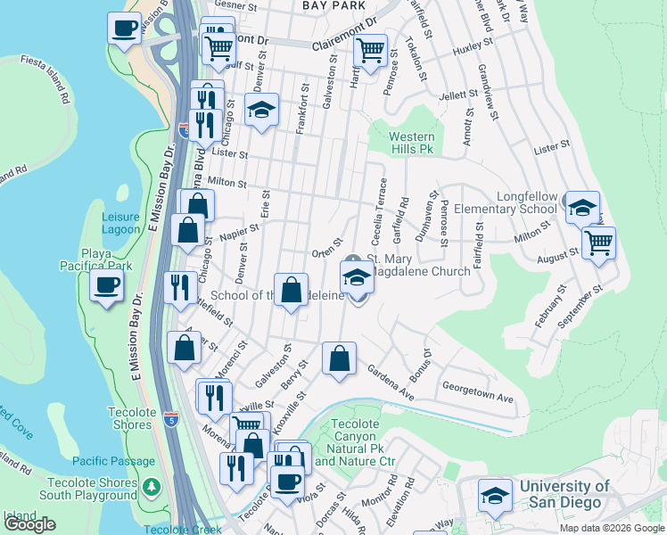 map of restaurants, bars, coffee shops, grocery stores, and more near 1973 Magdalene Way in San Diego