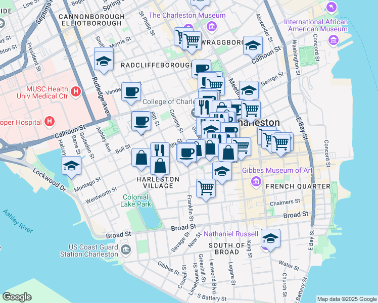 map of restaurants, bars, coffee shops, grocery stores, and more near 122 Wentworth Street in Charleston