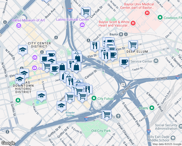 map of restaurants, bars, coffee shops, grocery stores, and more near 125 Canton Street in Dallas