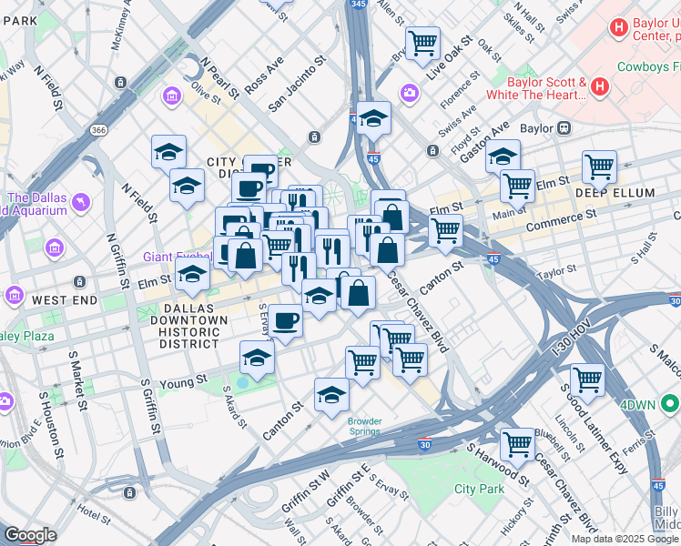 map of restaurants, bars, coffee shops, grocery stores, and more near 2012a Commerce Street in Dallas