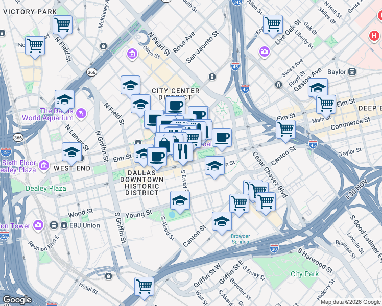 map of restaurants, bars, coffee shops, grocery stores, and more near in Dallas