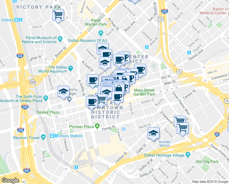 map of restaurants, bars, coffee shops, grocery stores, and more near in Dallas
