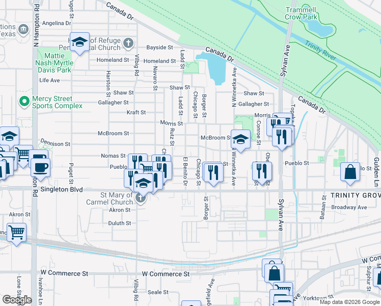map of restaurants, bars, coffee shops, grocery stores, and more near 1407 Nomas Street in Dallas