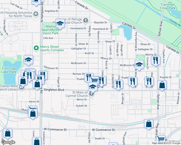 map of restaurants, bars, coffee shops, grocery stores, and more near 1724 Nomas Street in Dallas