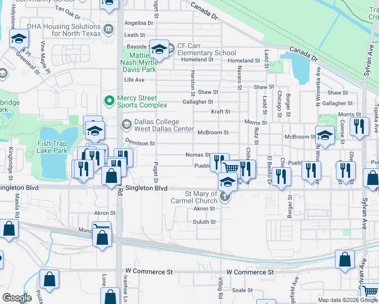 map of restaurants, bars, coffee shops, grocery stores, and more near 1902 Nomas Street in Dallas