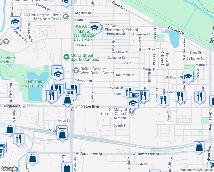 map of restaurants, bars, coffee shops, grocery stores, and more near 1939 Nomas Street in Dallas