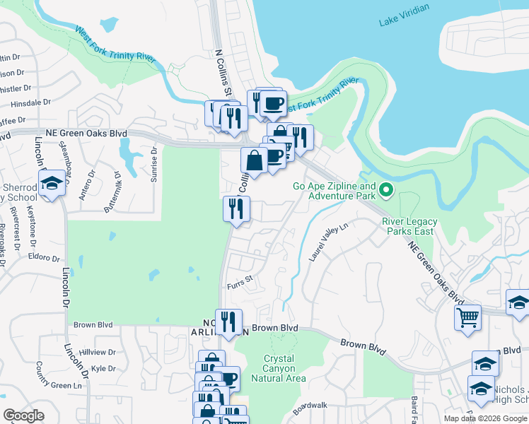 map of restaurants, bars, coffee shops, grocery stores, and more near 907 Ashford Lane in Arlington