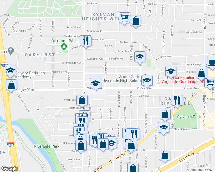 map of restaurants, bars, coffee shops, grocery stores, and more near 2801 Yucca Avenue in Fort Worth